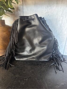 Victoria's Secret | Black Fringe Drawstring Bucket Backpack